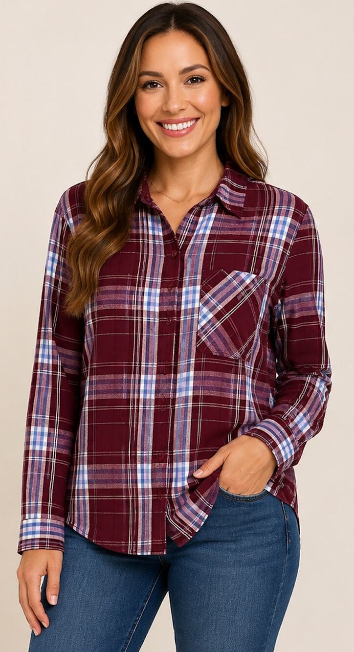 Time and Tru Burgundy Blue Plaid Button Up Shirt L NWOT